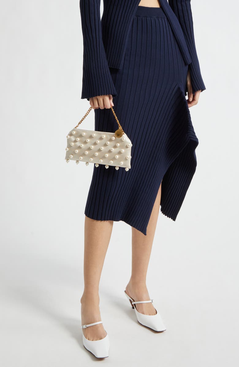Stella McCartney Mini Falabella Pearly Bead Embellished Satin Evening Bag, Alternate, color, Pure White