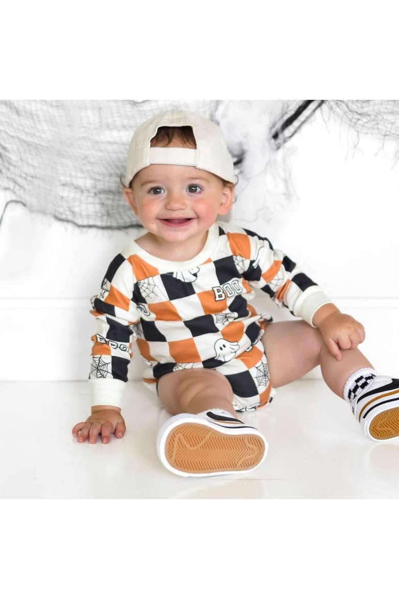 Boo Checkered Halloween Long Sleeve Romper, Alternate, color, Natural