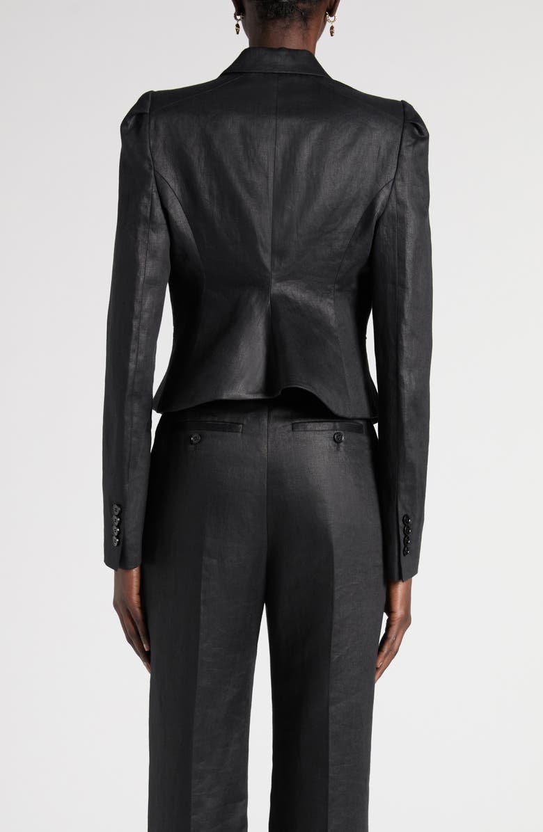 McQueen Peak Lapels Puff Sleeve Linen Jacket, Alternate, color, Black