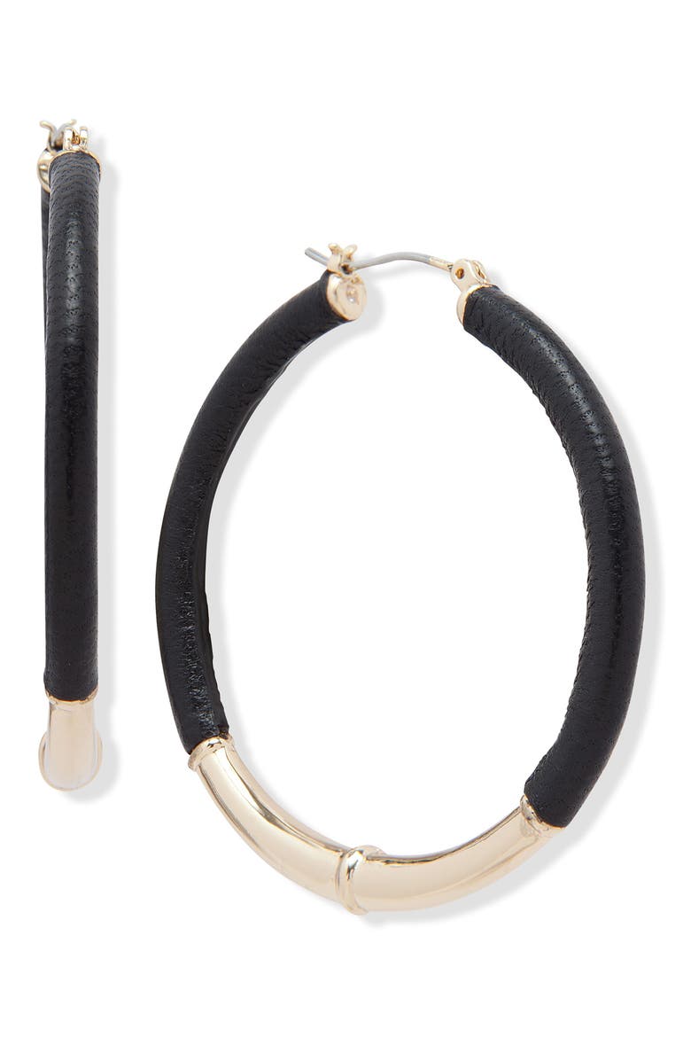 Leather Hoop Earrings, Main, color, BLACK