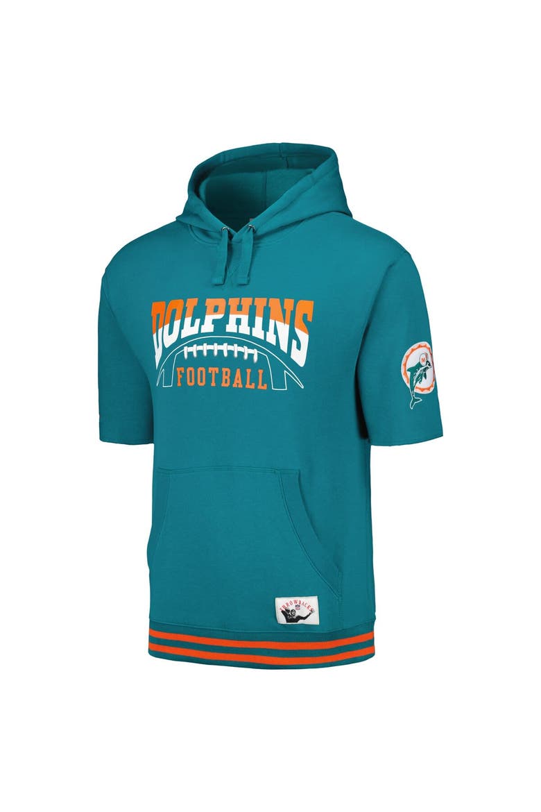 Men's Mitchell & Ness Aqua Miami Dolphins Pre-Game Short Sleeve Pullover Hoodie, Alternate, color, Aqua