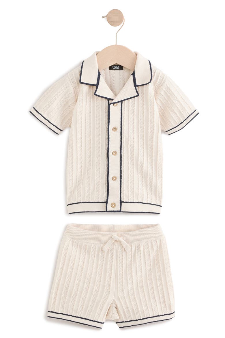 Kids' Tipped Cotton Button-Up Polo Sweater & Shorts Set, Main, color, NEUTRAL