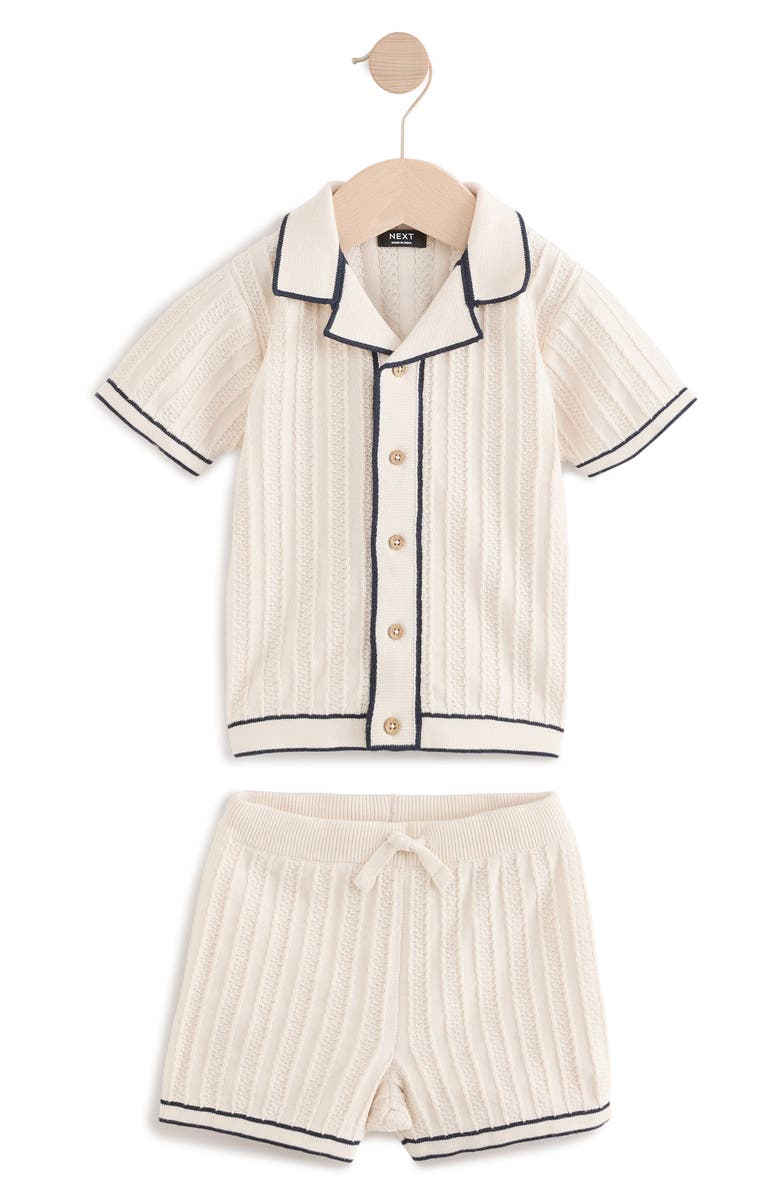 NEXT Kids' Tipped Cotton Button-Up Polo Sweater & Shorts Set, Main, color, Neutral