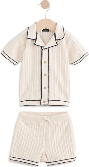 Kids' Tipped Cotton Button-Up Polo Sweater & Shorts Set
