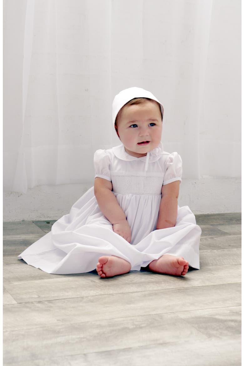 Smocked Inset Christening Gown, Bonnet & Booties Set, Alternate, color, WHITE