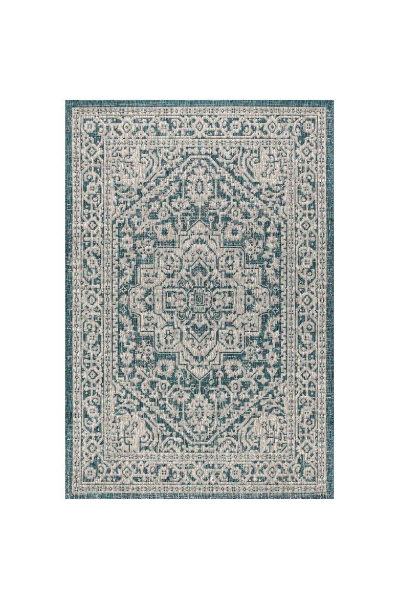 Sinjuri Medallion Textured Weave Indoor/Outdoor Area Rug, Main, color, Teal Blue/Gray