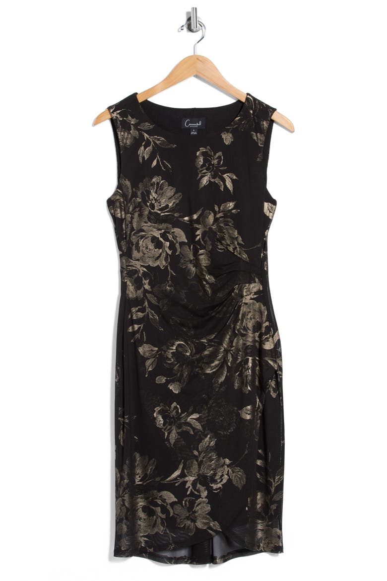 Metallic Floral Faux Wrap Dress, Alternate, color, BLACK/ GOLD