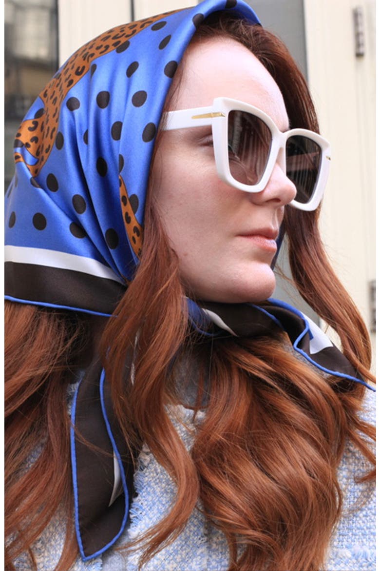 Double Sided Silk Scarf Of Blue Leopards Garden, Alternate, color, Blue