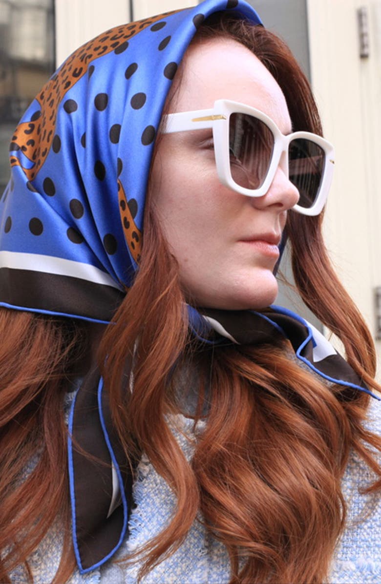 Jessie Zhao New York Double Sided Silk Scarf Of Blue Leopards Garden, Alternate, color, Blue