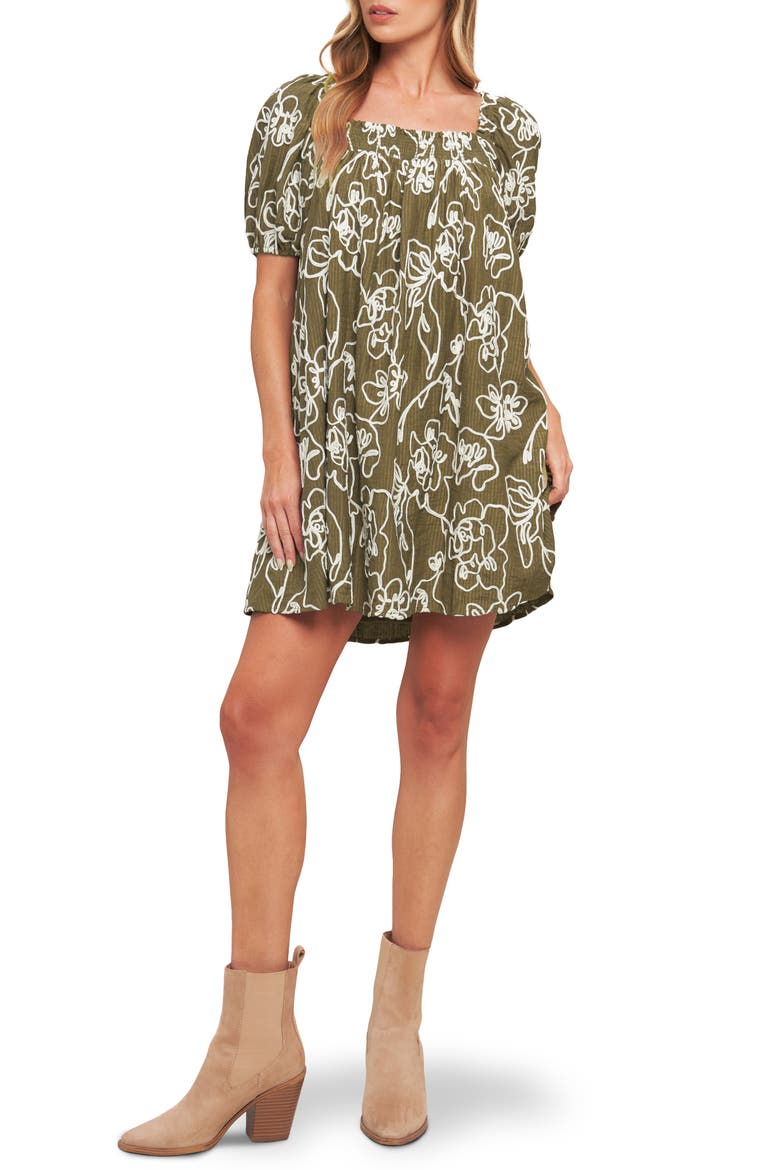 Textured Floral Babydoll Minidress, Main, color, BROWN