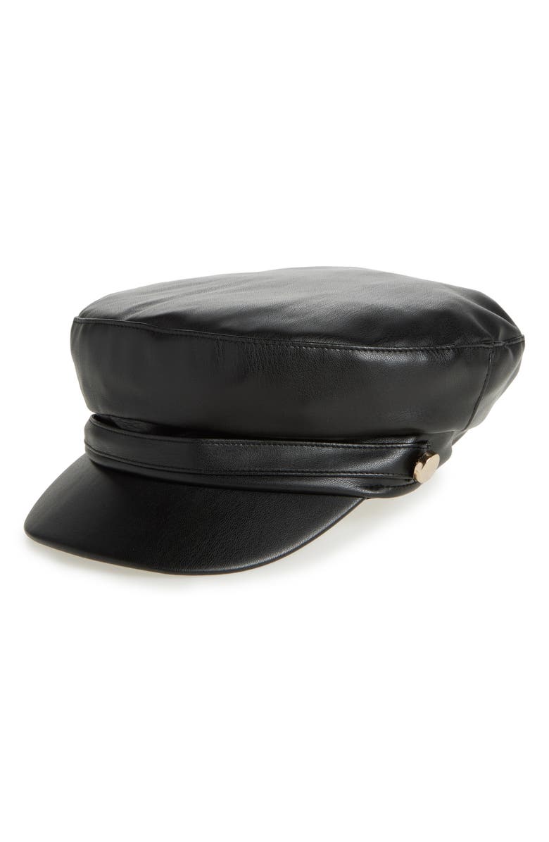 Vince Camuto Faux Leather Conductor Cap, Main, color, Black