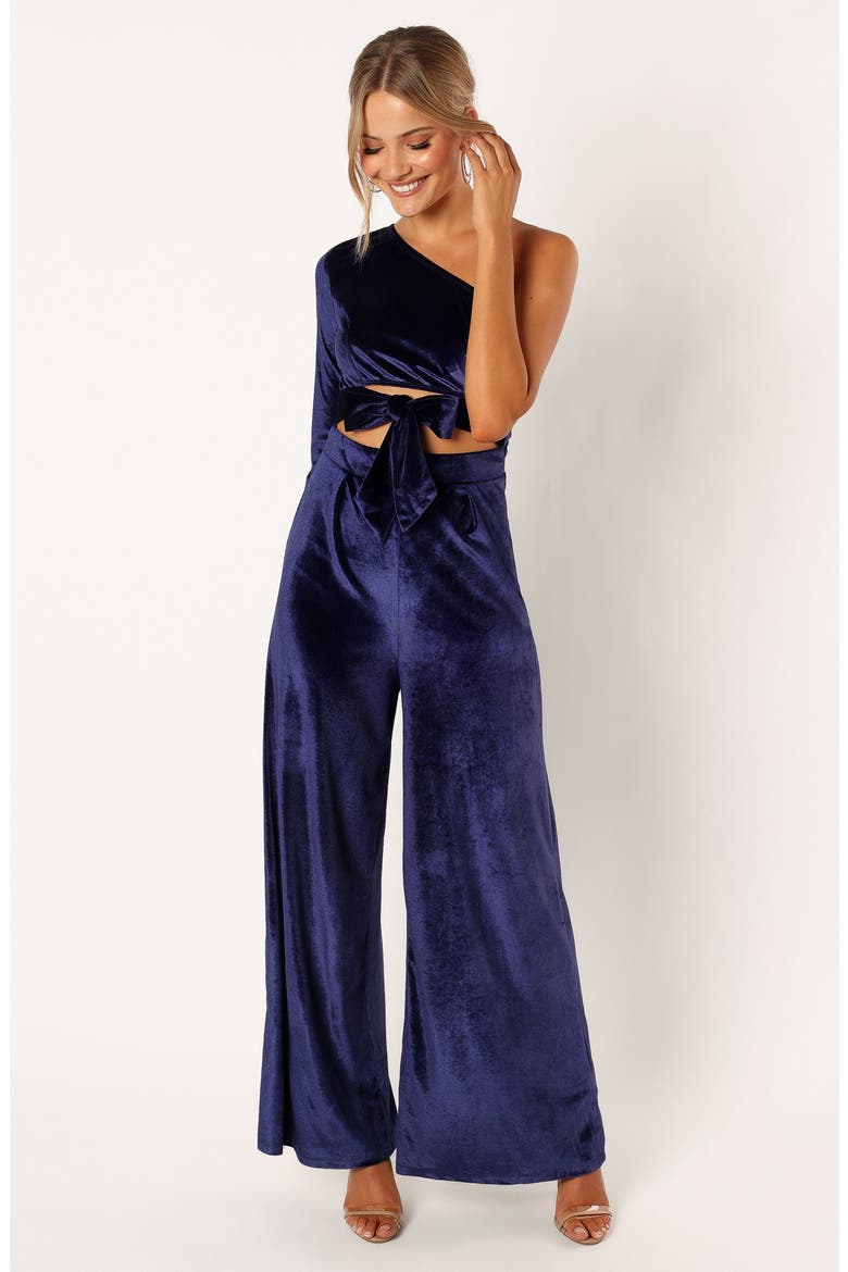 Avery One-Shoulder Velvet Jumspuit, Alternate, color, SAPPHIRE