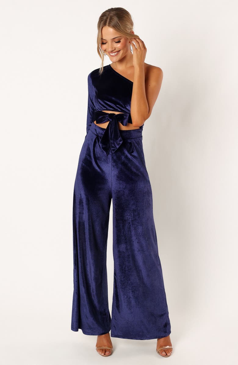 Petal & Pup Avery One-Shoulder Velvet Jumspuit, Alternate, color, Sapphire