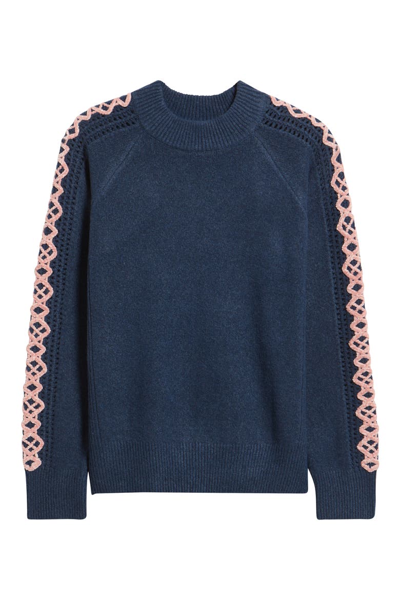 Embroidered Sleeve Mock Neck Sweater, Alternate, color, CADET BLUE