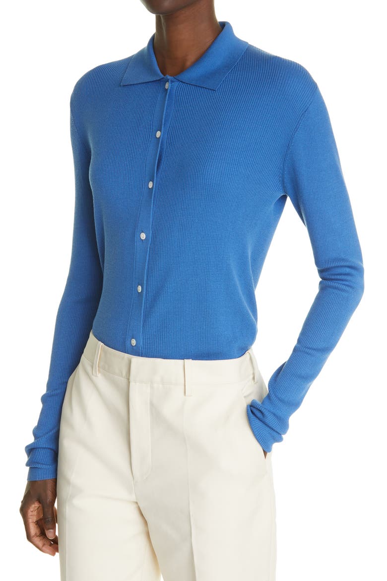 Rib Button-Up Polo Silk Sweater, Alternate, color, CORNFLOWER