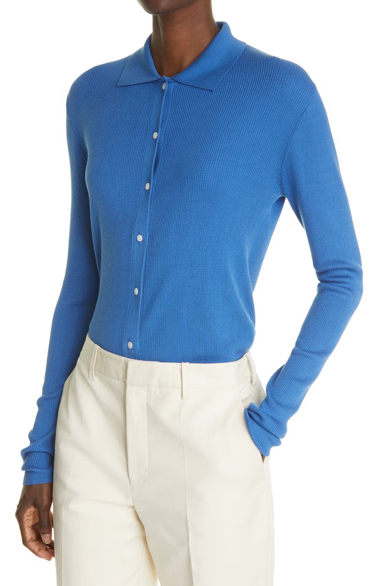 CO Rib Button-Up Polo Silk Sweater, Alternate, color,