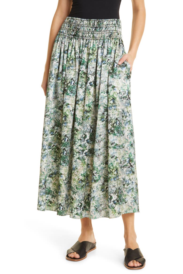 Painted Floral Smock Waist Skirt, Main, color, HERB