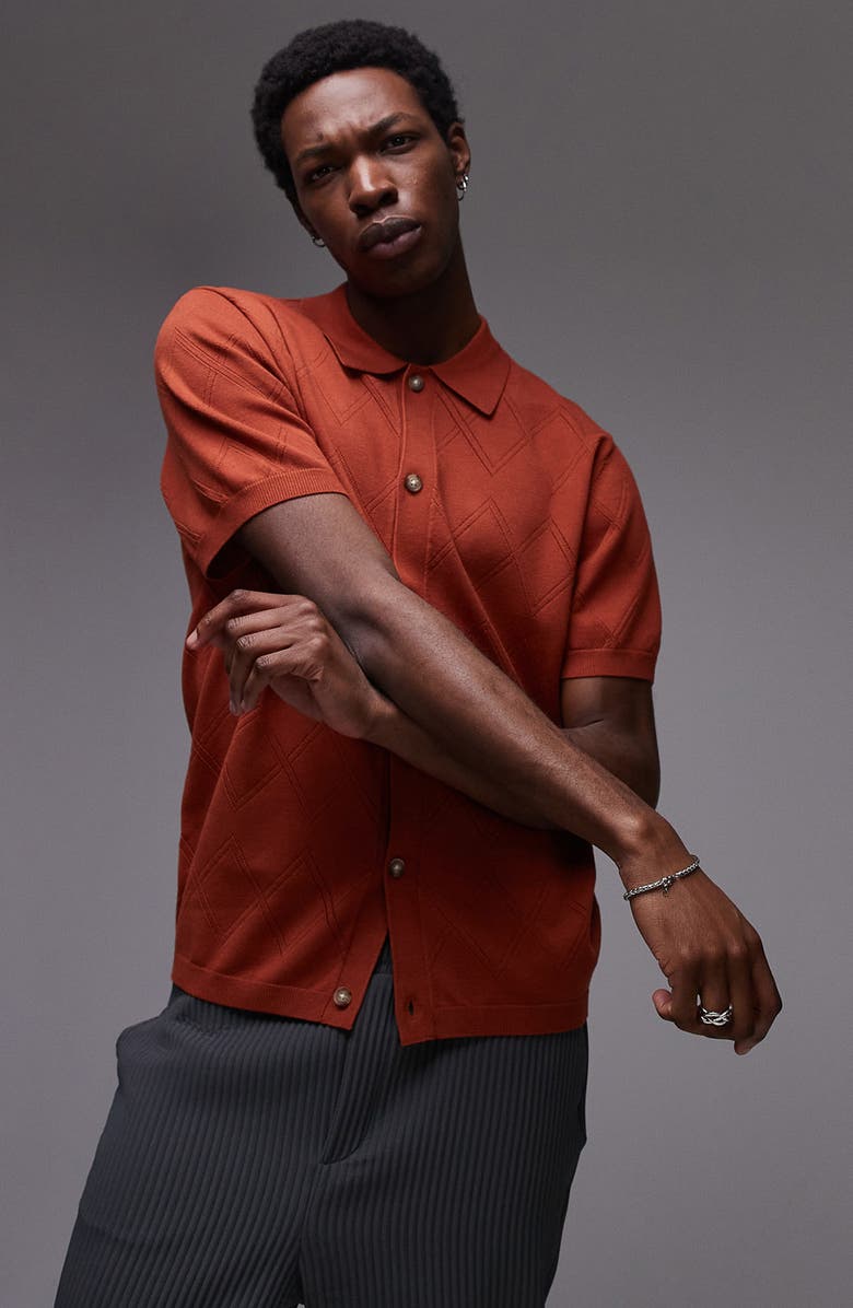 Topman Geometric Pointelle Short Sleeve Cardigan, Main, color, Rust