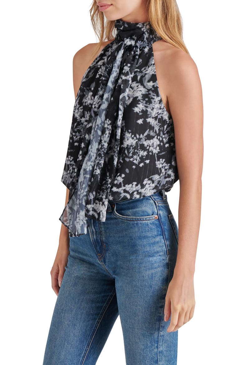 Zandra Metallic Tie Neck Sleeveless Bodysuit, Alternate, color, BLK/WHT