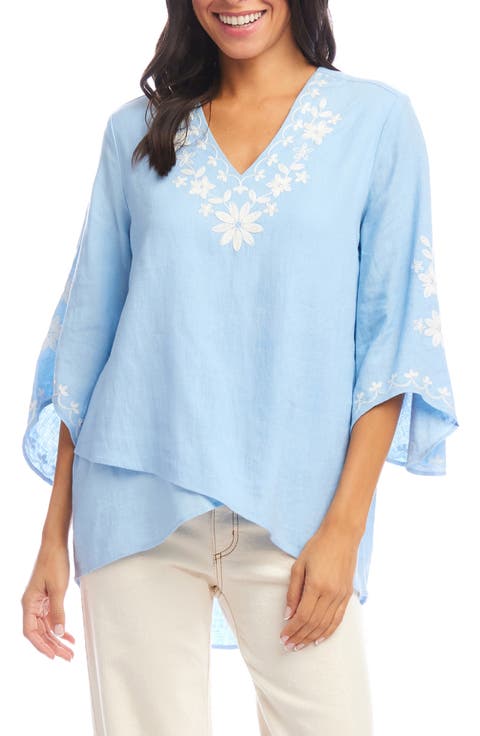 Floral Embroidered Asymmetric Hem Linen Blend Top