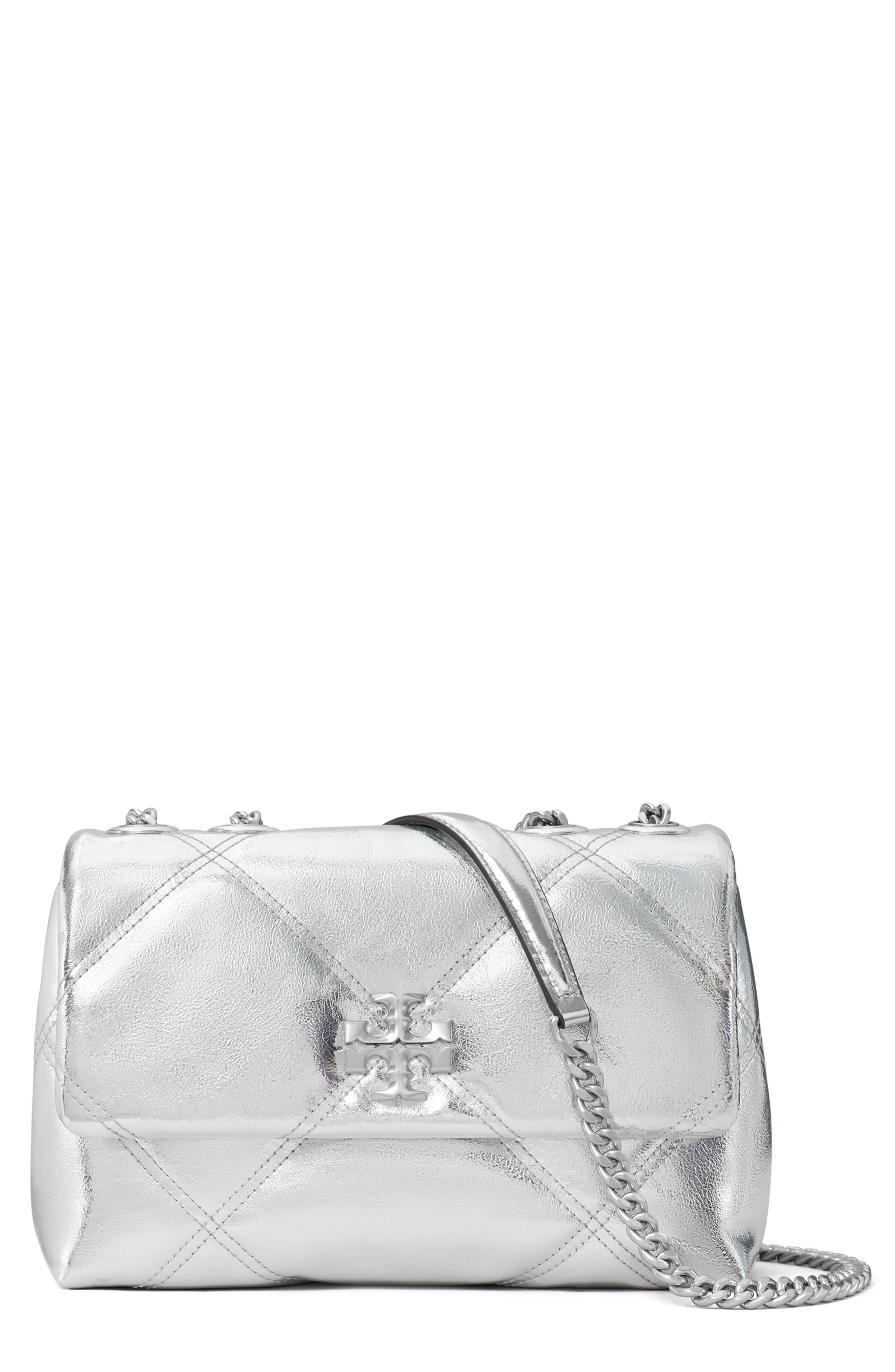 Tory Burch Small Kira Quilted Metallic Leather Shoulder Bag, Main, color, Silver