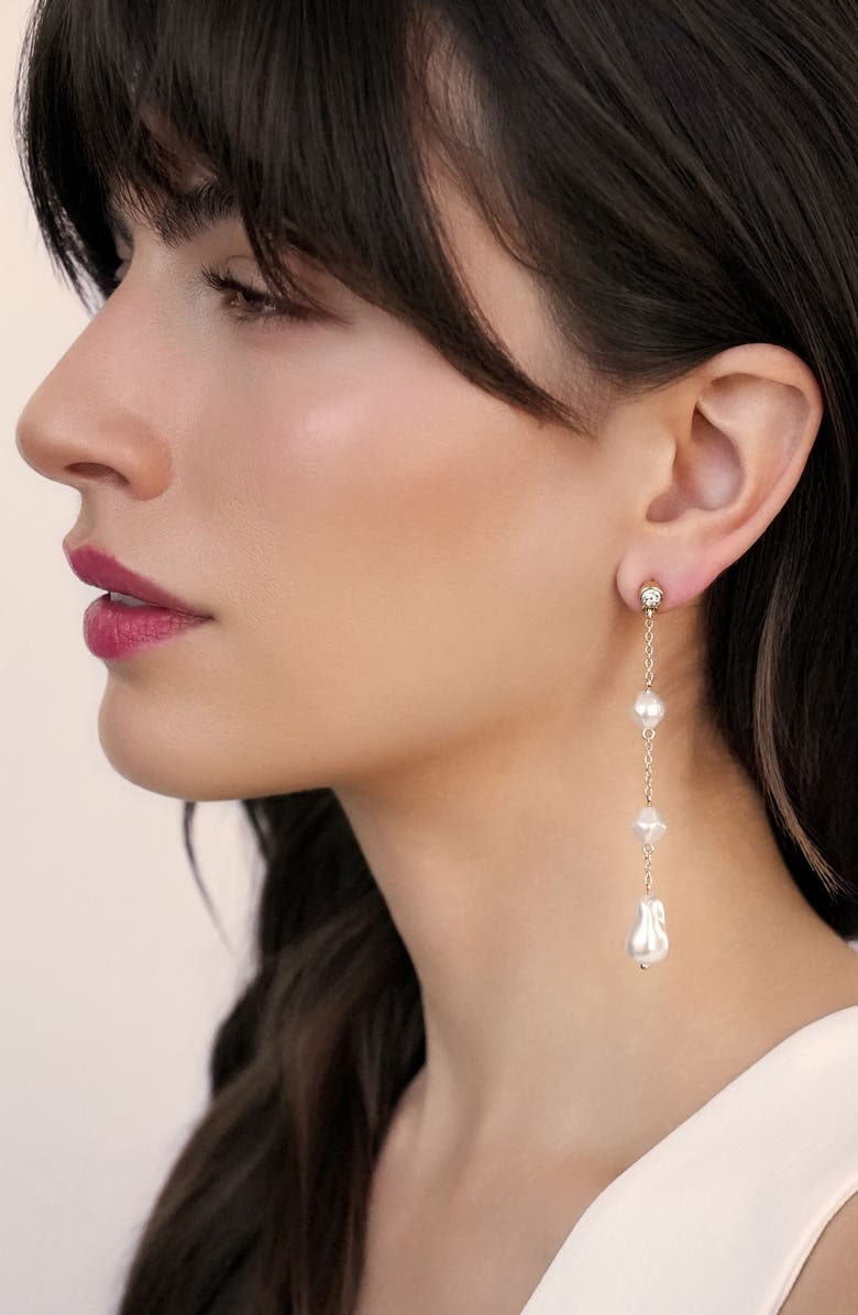 Ettika Crystal & Faux Pearl Linear Drop Earrings, Alternate, color, Gold