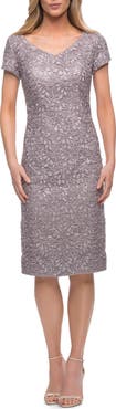 La Femme Below the Knee Dress with Beautiful Lace and Short Sleeves