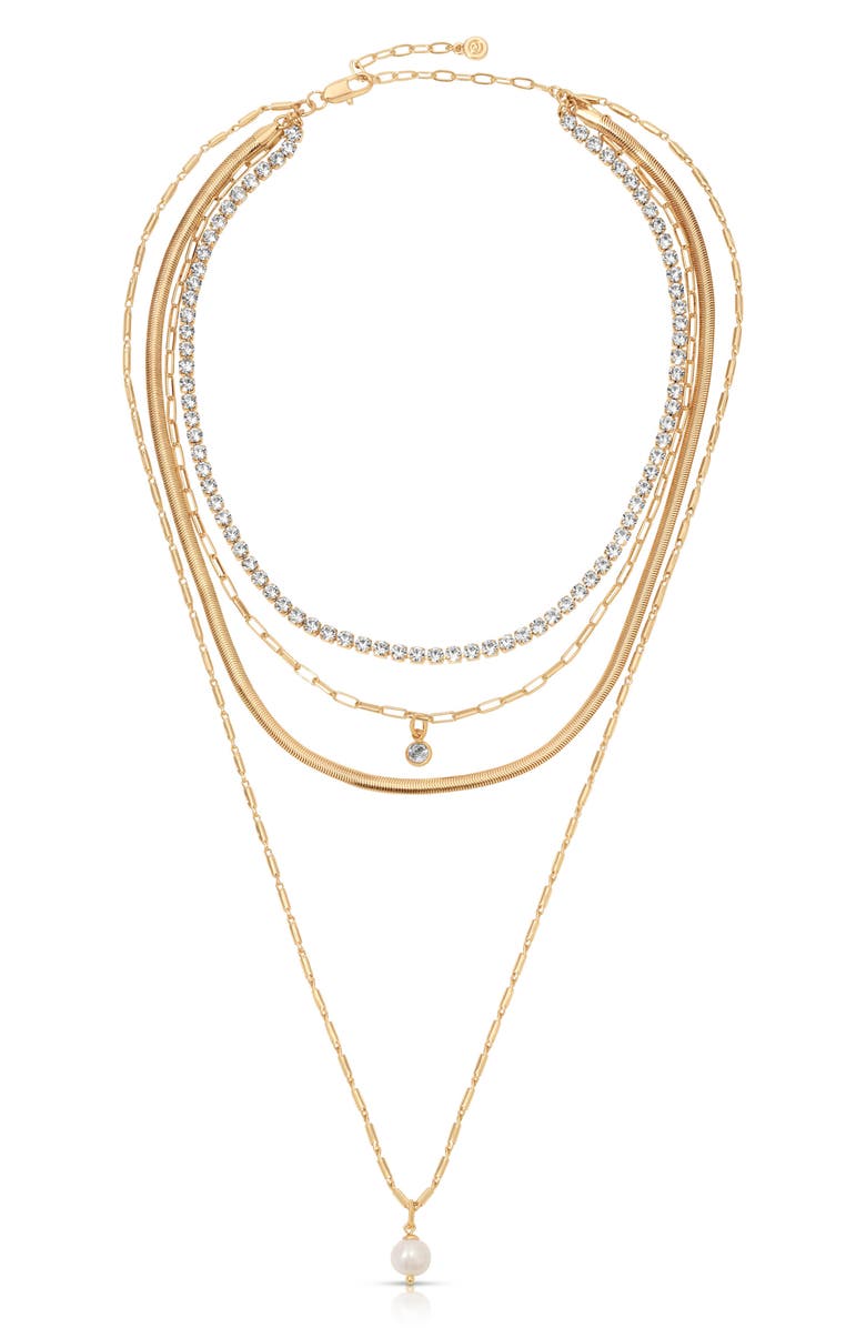 Ettika Maximalist Layered Crystal & Faux Pearl Necklace, Alternate, color, Gold