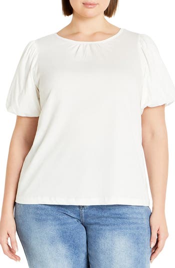 City Chic Leona Puff Sleeve Top In White