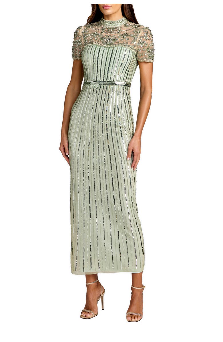 Mac Duggal Beaded Mesh Short Sleeve Mock Neck Midi Dress, Main, color, Light Sage