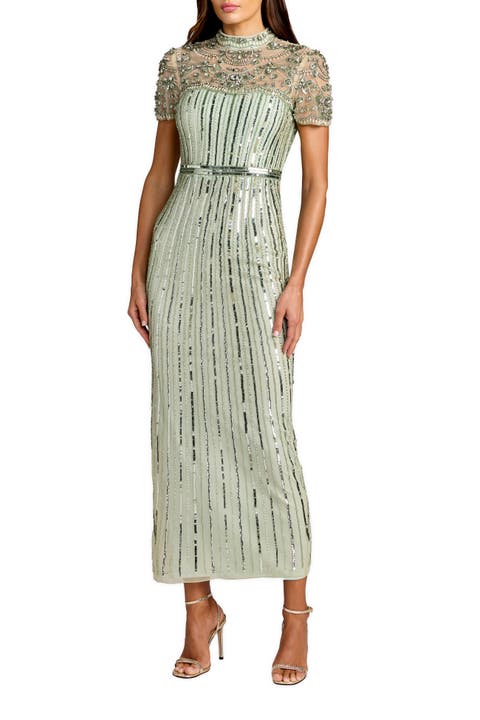 Beaded Mesh Short Sleeve Mock Neck Midi Dress