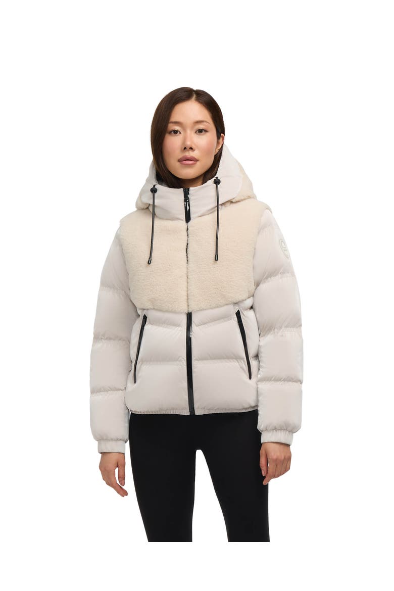 Nephele Mixed Media Short Puffer with Fixed Hood, Main, color, Champagne