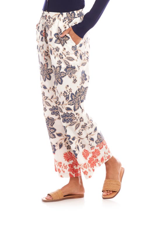 Karen Kane Wide Leg Drawstring Cotton Pants In White Floral Print