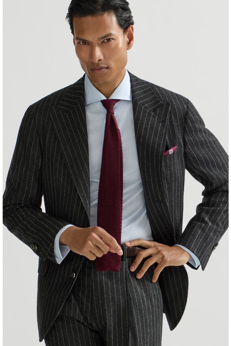 Virgin wool and cashmere chalk stripe flannel deconstructed blazer with large peak lapels and metal buttons, Alternate, color, Anthracite