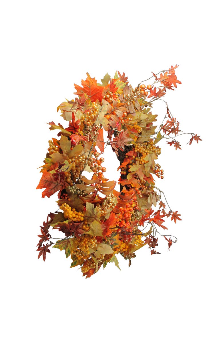 Northlight Mixed Autumn Leaves and Golden Berries Artificial Fall Harvest Twig Wreath - 22", Alternate, color,