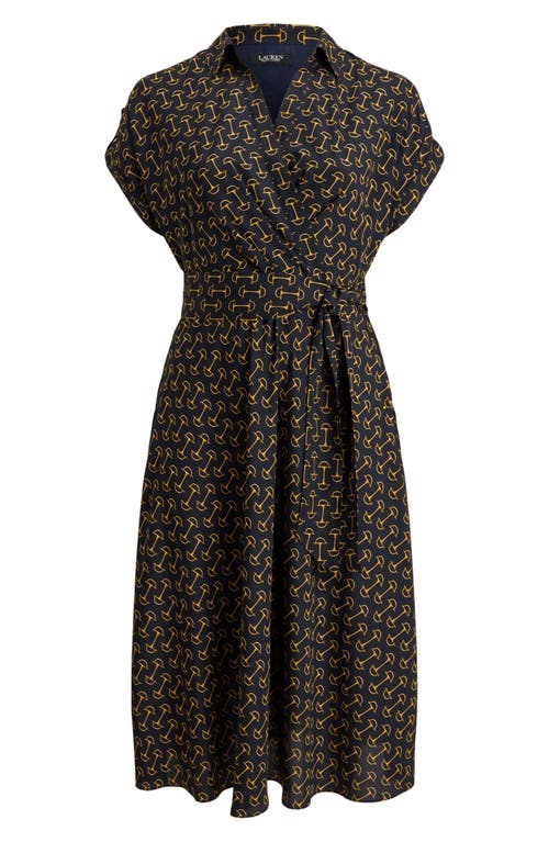 Ralph Lauren Lauren Chain Print Tie Waist Long Sleeve Crepe Shirtdress In Green