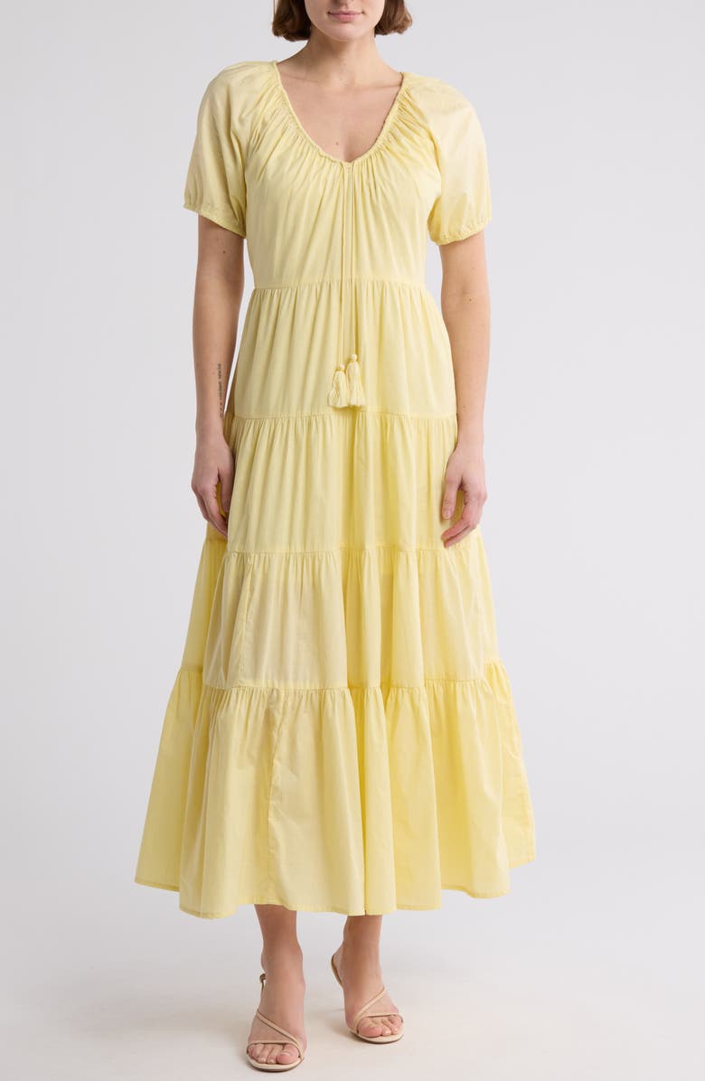 Maisie Short Sleeve Tiered Cotton Midi Dress, Main, color, Butter Yellow