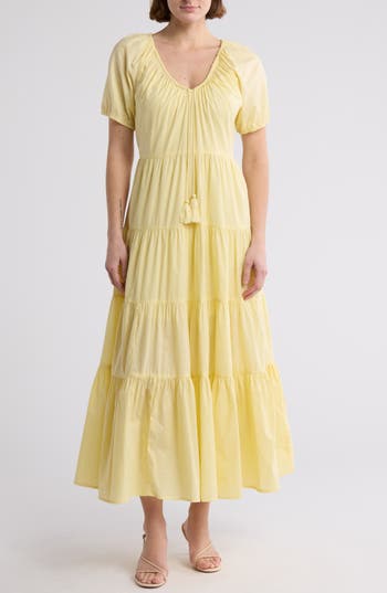 Maisie Short Sleeve Tiered Cotton Midi Dress In Butter Yellow