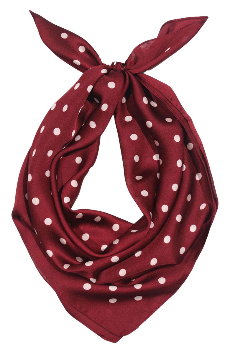 Petit Moments Satin Polka Dot Square Scarf, Main, color, Burgundy