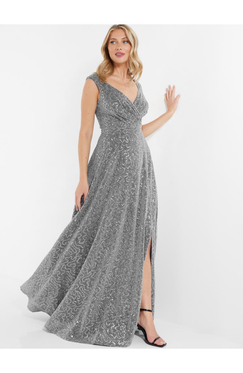 QUIZ Sequin V-Neck Evening Dress, Alternate, color, Silver