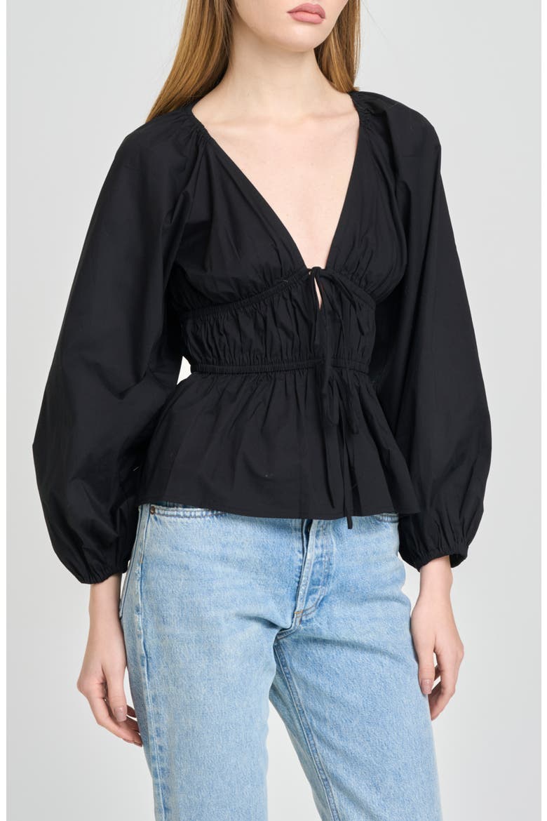 Jess Drawstring Stretch Cotton Poplin Top, Alternate, color, BLACK