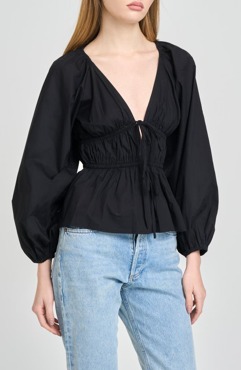 WAYF Jess Drawstring Stretch Cotton Poplin Top, Alternate, color, Black