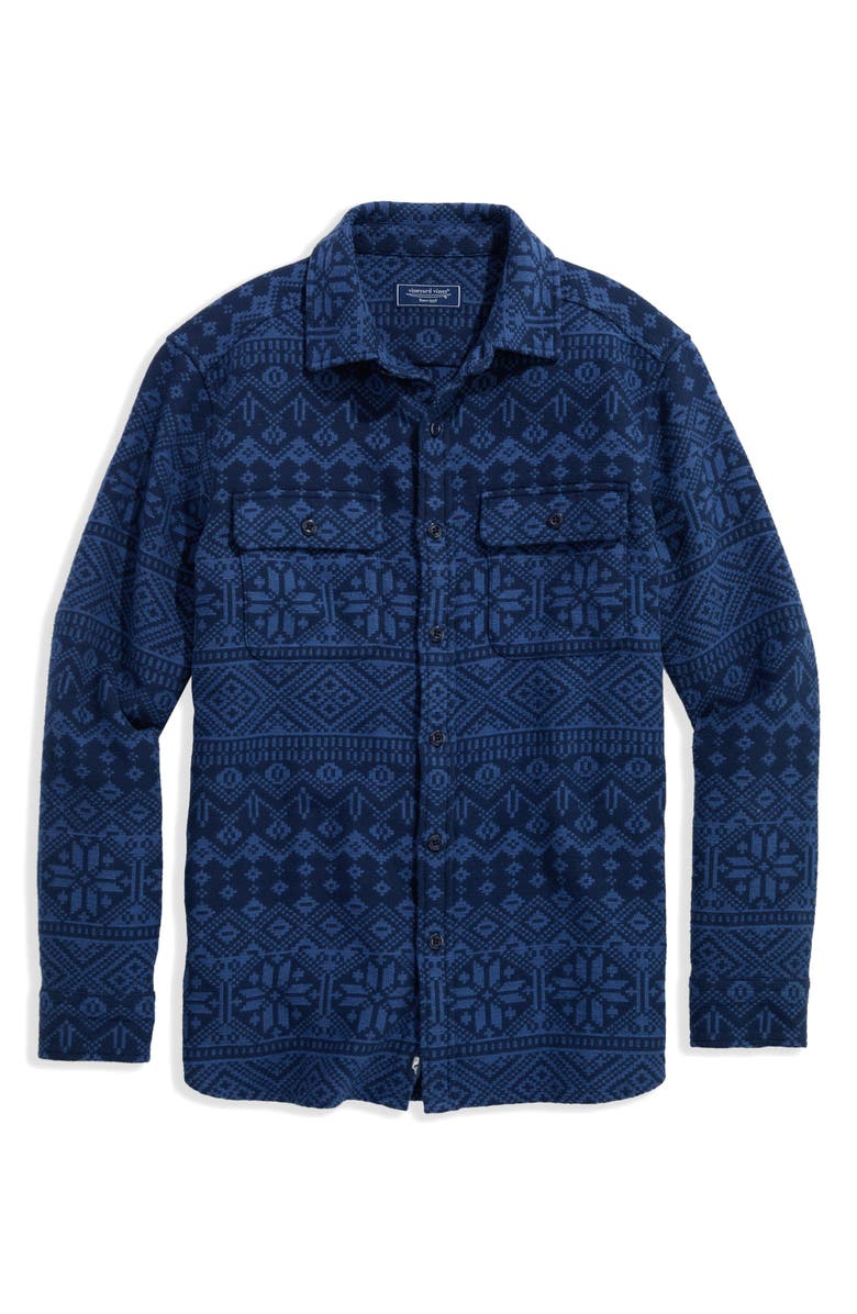 vineyard vines Snowflake Fair Isle Midweight Cotton Flannel Button-Up Overshirt, Alternate, color, Moonshine
