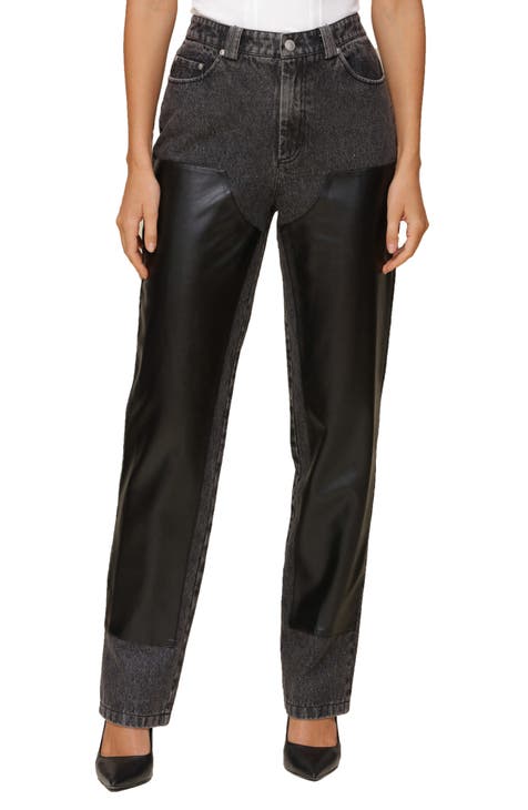 Faux Leather Trim Straight Leg Pants