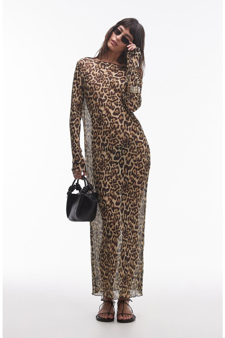 Sheer Long Sleeve Maxi Dress, Main, color, BROWN MULTI