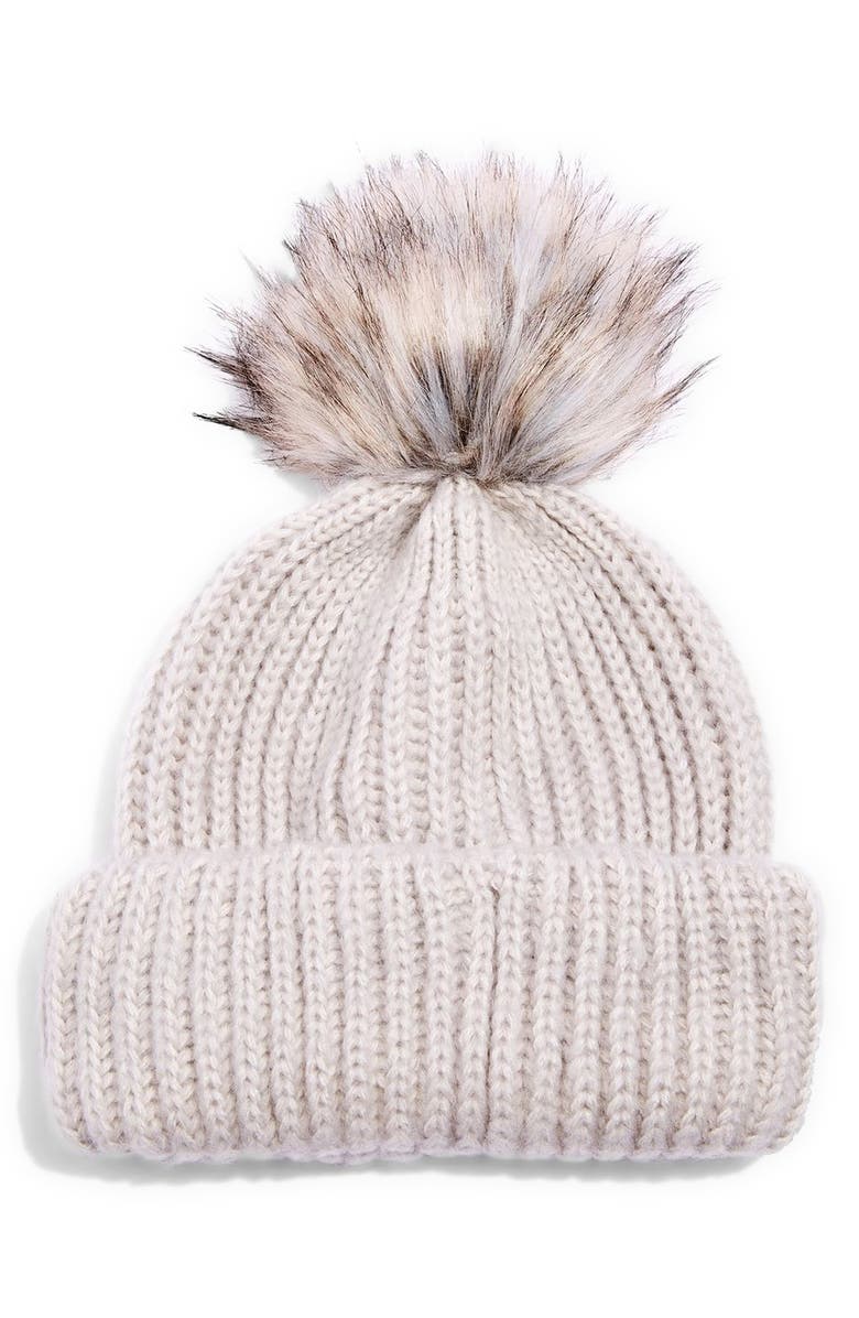 Topshop Faux Fur Pompom Beanie, Main, color, 