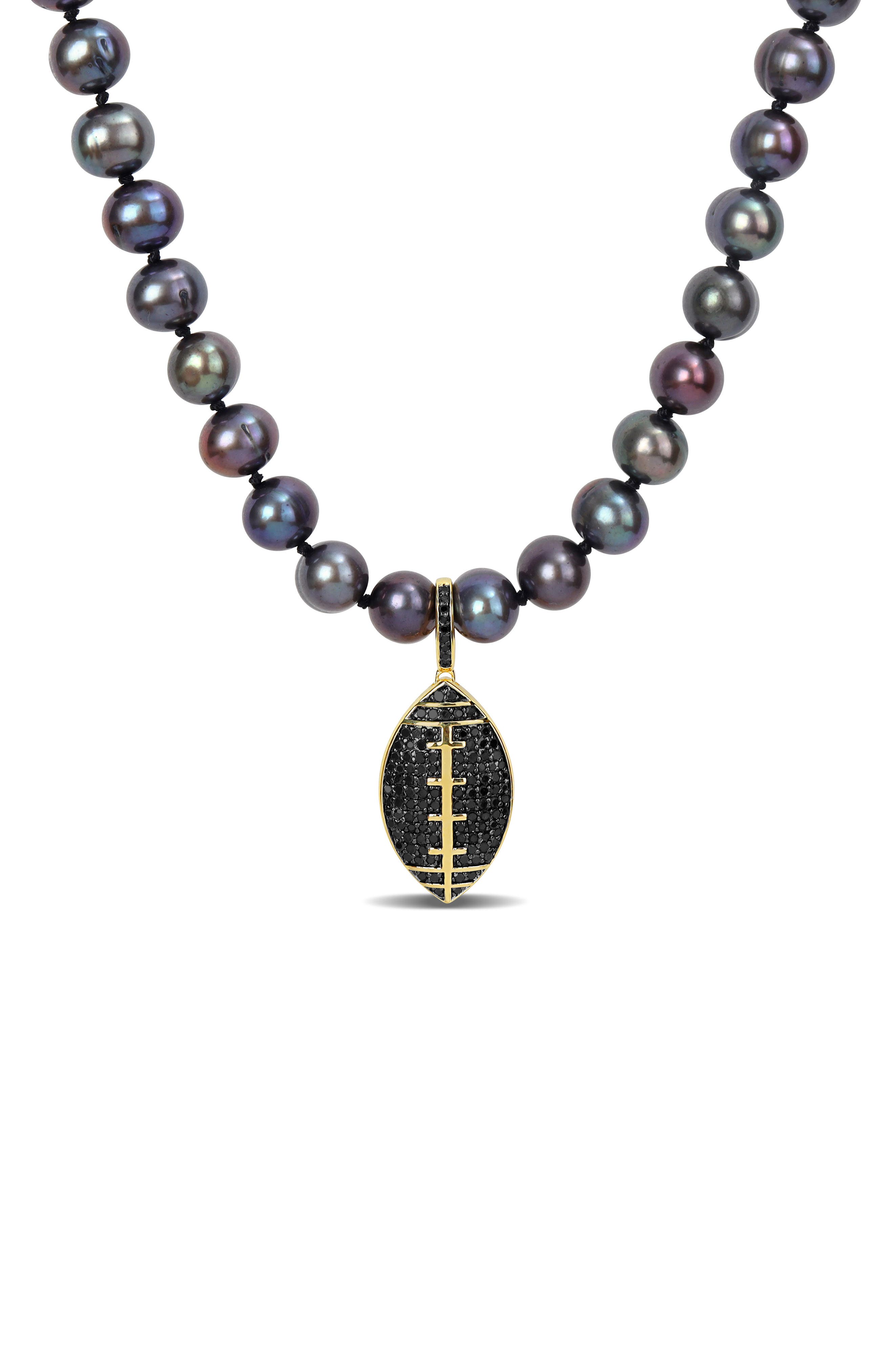 DELMAR Men's Cultured Freshwater Pearl Black Diamond Crown Pendant Necklace - 0.36ct.