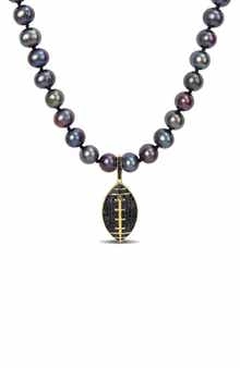 DELMAR Men's Cultured Freshwater Pearl Black Diamond Crown Pendant Necklace - 0.36ct.