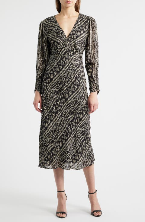 Dilimi Long Sleeve V-Neck Midi Cocktail Dress