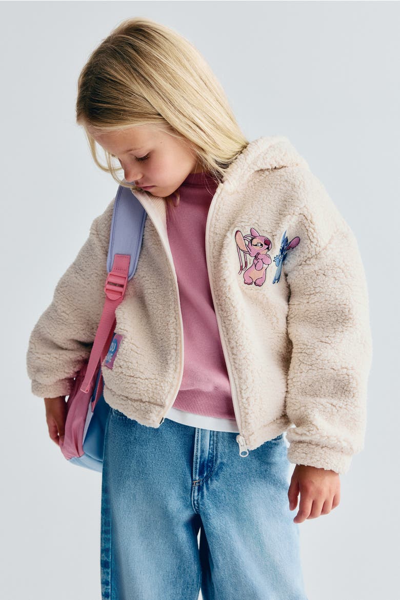 Hooded Teddy Fleece Jacket, Main, color, Light beige/Lilo & Stitch